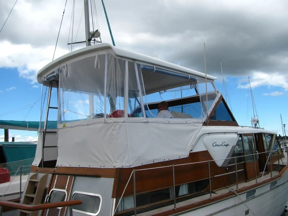 Custom white boat cover fitted to a classic Chris Craft launch in Auckland